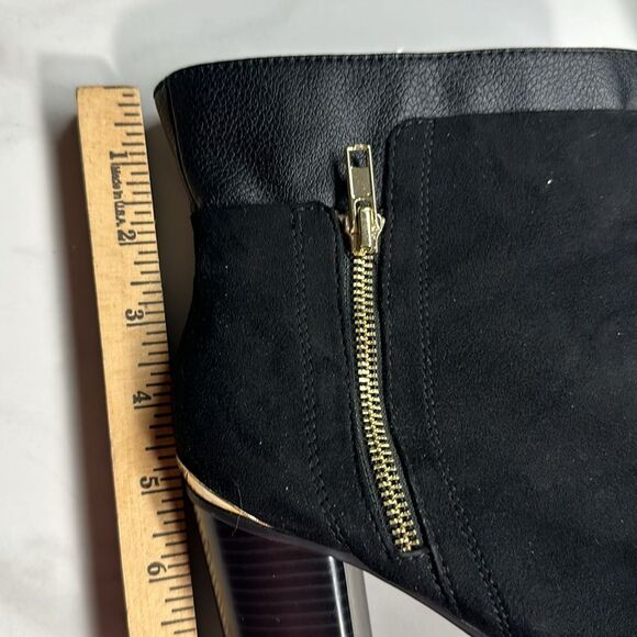 Juicy Couture Black High Heeled Side Zip Booties, Gold Accents Lug Sole, Size 9 - Picture 15 of 15